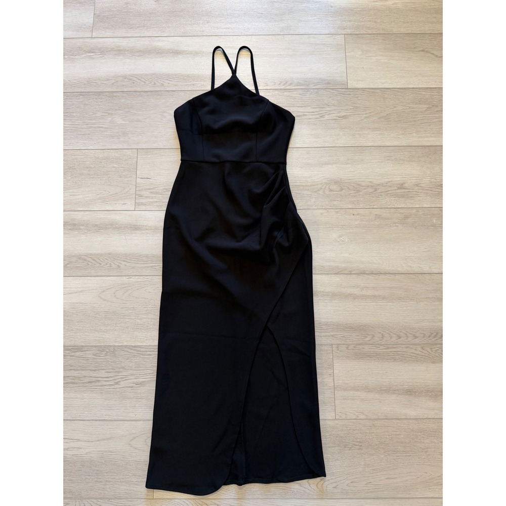 Petal & Pup Black Halter Maxi Midi Dress Side Slit Formal Gown Sexy Stretch Sz 4